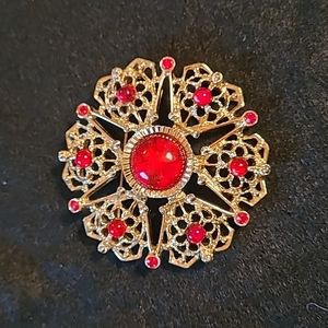Vintage Sarah Coventry Filigree Star Serenade Brooch Red Poured Glass & Gold EUC